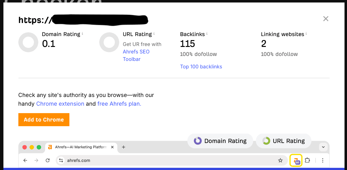 Ahrefs Domain Rating 0.1 for rabatkodetil.dk