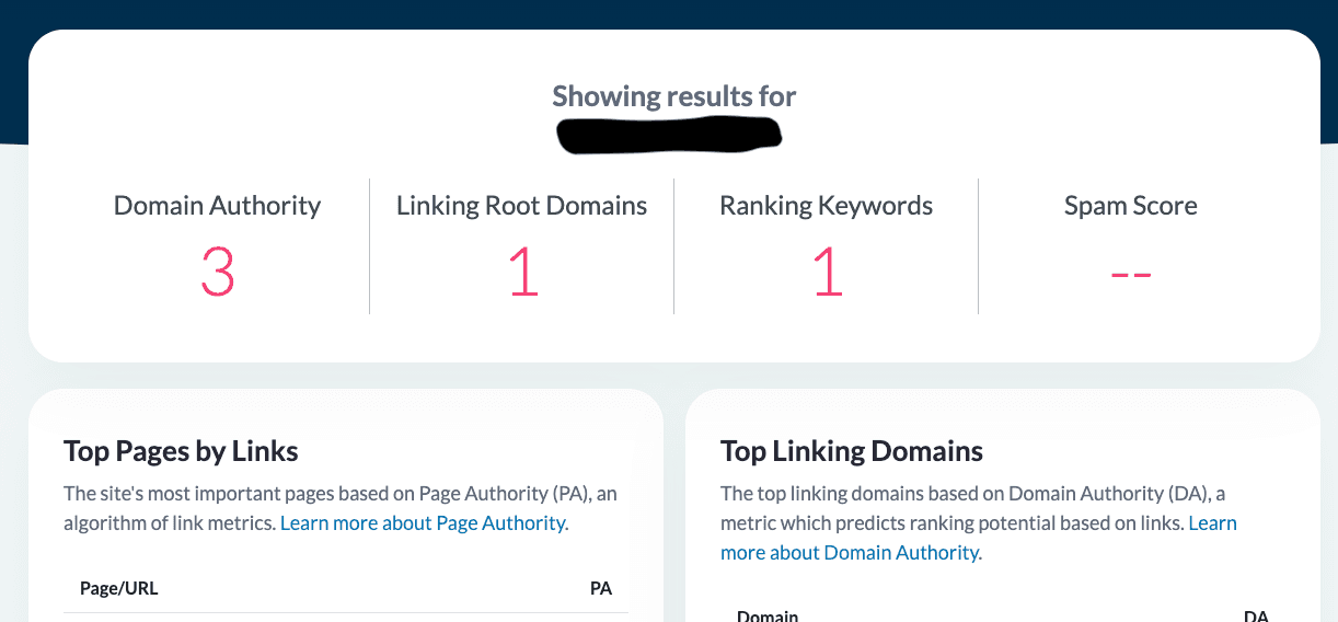 Moz DA 3, 1 linking root domain, 1 ranking keyword